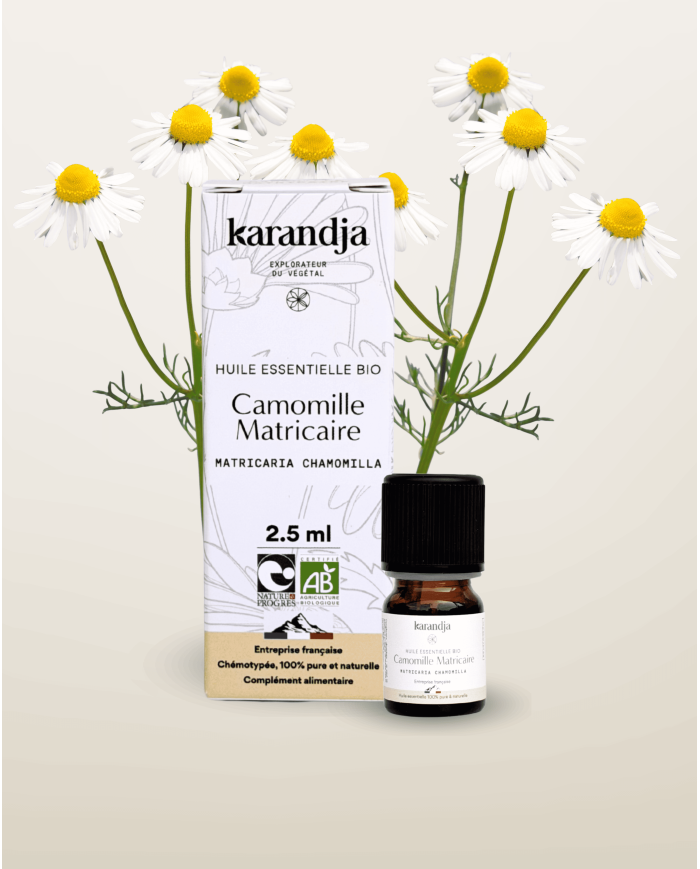 Huile essentielle CAMOMILLE MATRICAIRE Bio chémotypée, 100% pure et naturelle, Karandja laboratoire.