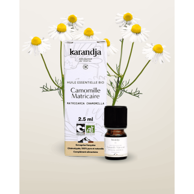 Huile essentielle CAMOMILLE MATRICAIRE Bio chémotypée, 100% pure et naturelle, Karandja laboratoire.