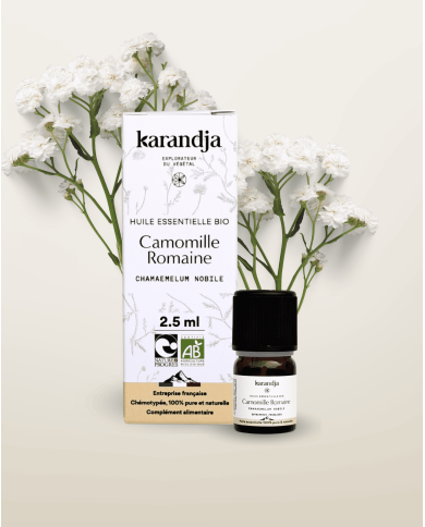 Huile essentielle CAMOMILLE ROMAINE Bio chémotypée, 100% pure et naturelle, Karandja laboratoire, origine France - Mayenne (53).