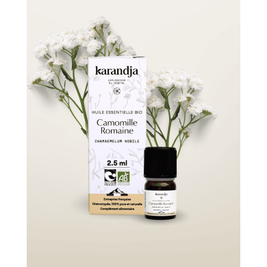Huile essentielle CAMOMILLE ROMAINE Bio chémotypée, 100% pure et naturelle, Karandja laboratoire, origine France - Mayenne (53).