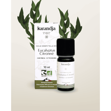 Huile essentielle EUCALYPTUS CITRONNE Bio chémotypée, 100% pure et naturelle, Karandja laboratoire.