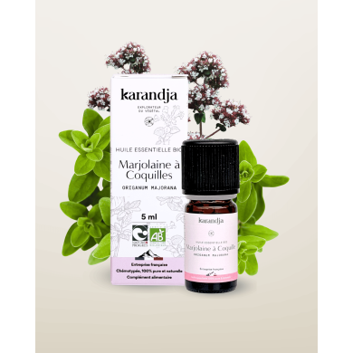 Huile essentielle MARJOLAINE A COQUILLE Bio chémotypée, 100% pure et naturelle, Karandja laboratoire, origine France.