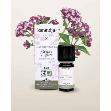 Huile essentielle ORIGAN VULGAIRE Bio chémotypée, 100% pure et naturelle, Karandja laboratoire, origine France, Hérault (34).