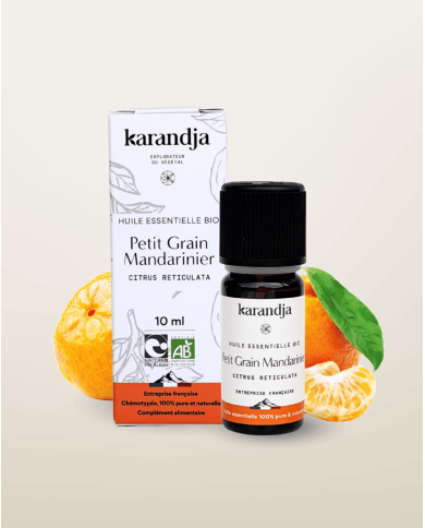 Huile essentielle PETIT GRAIN MANDARINIER Bio chémotypée, 100% pure et naturelle, Karandja laboratoire.