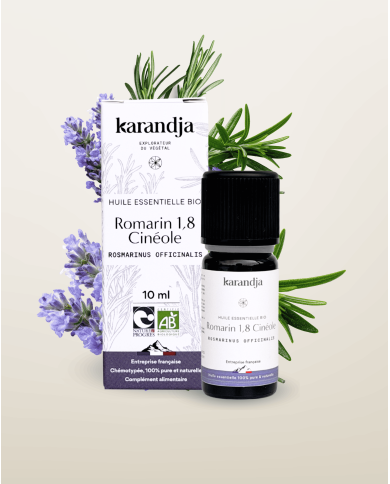 Huile essentielle ROMARIN 1.8 CINEOL Bio chémotypée, 100% pure et naturelle, Karandja laboratoire, origine France.
