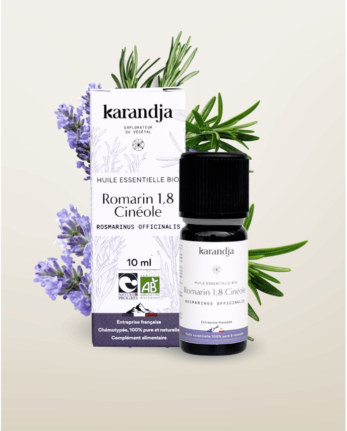 Huile essentielle ROMARIN 1.8 CINEOL Bio chémotypée, 100% pure et naturelle, Karandja laboratoire, origine France.