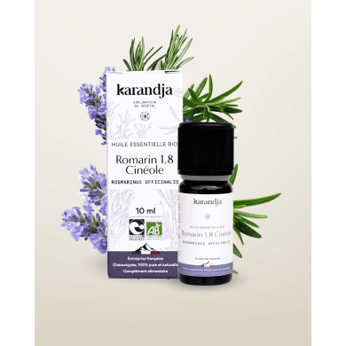 Huile essentielle ROMARIN 1.8 CINEOL Bio chémotypée, 100% pure et naturelle, Karandja laboratoire, origine France.