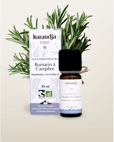 Huile essentielle ROMARIN A CAMPHRE Bio chémotypée, 100% pure et naturelle, Karandja laboratoire, origine France.
