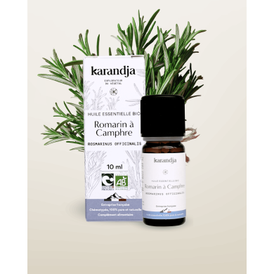 Huile essentielle ROMARIN A CAMPHRE Bio chémotypée, 100% pure et naturelle, Karandja laboratoire, origine France.