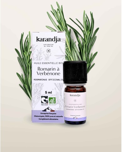 Huile essentielle ROMARIN A VERBENONE Bio chémotypée, 100% pure et naturelle, Karandja laboratoire, origine France.