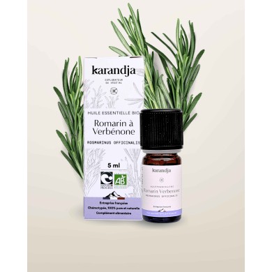 Huile essentielle ROMARIN A VERBENONE Bio chémotypée, 100% pure et naturelle, Karandja laboratoire, origine France.