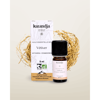 Huile essentielle VETIVER Bio chémotypée, 100% pure et naturelle, Karandja laboratoire.
